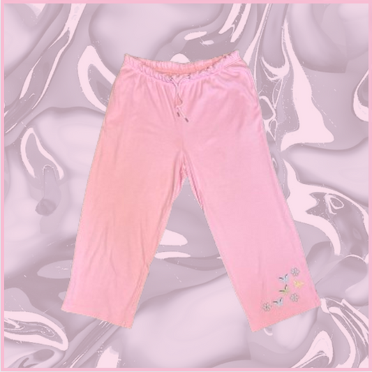 pink sweat pants with flower and butterfly embroidery