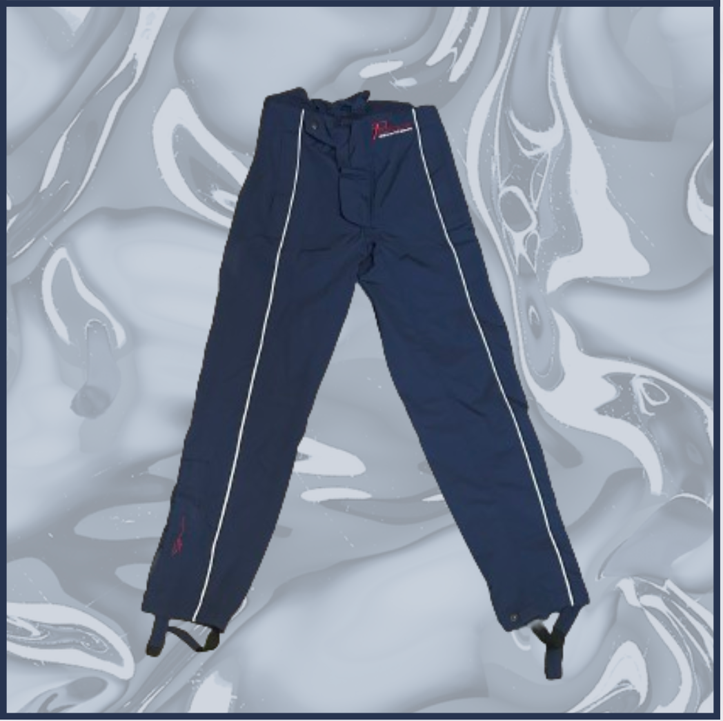 dark navy blue pants with red inlining