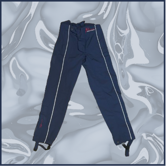 dark navy blue pants with red inlining