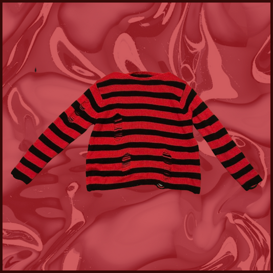 red/black striped knitted sweater with distressed design