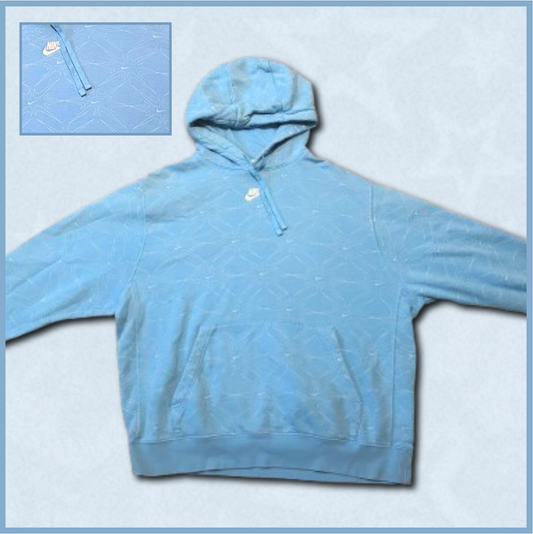 blue and white-patterned nike hoodie