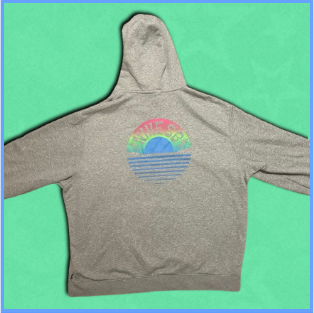 gray nike hoodie with sunset back design