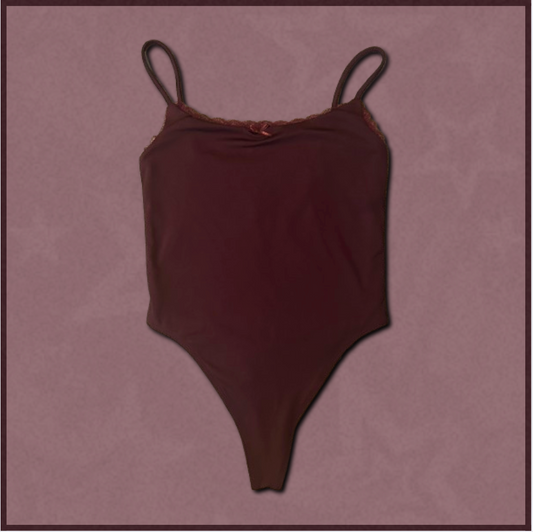 dark burgundy bodysuit with lace design