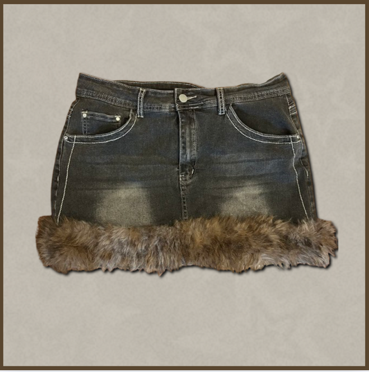 dark wash jean skirt with fur bottom