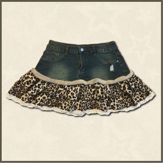 dark wash jean skirt with leopard print bottom