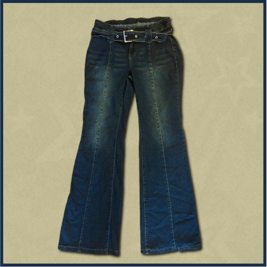 dark wash jeans with belt design