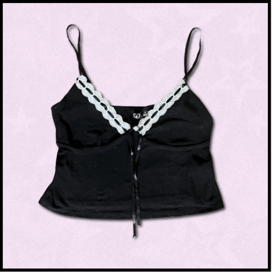 black tank top with white lace design
