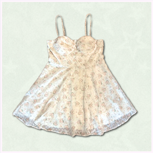white + pink/green shorter dress with floral embroidery