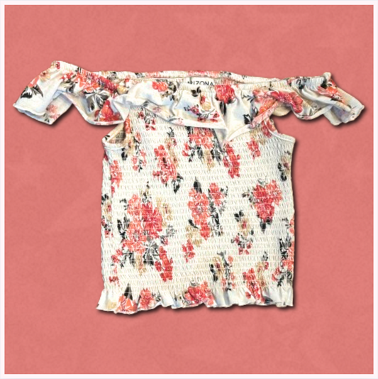 off-shoulder white shirt with pink floral design