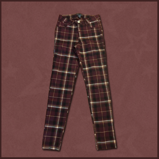 dark burgundy pants with black/yellow plaid pattern