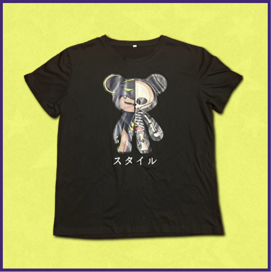 black graphic tee with character design