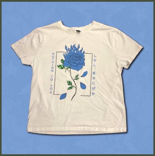 white tee with blue floral design