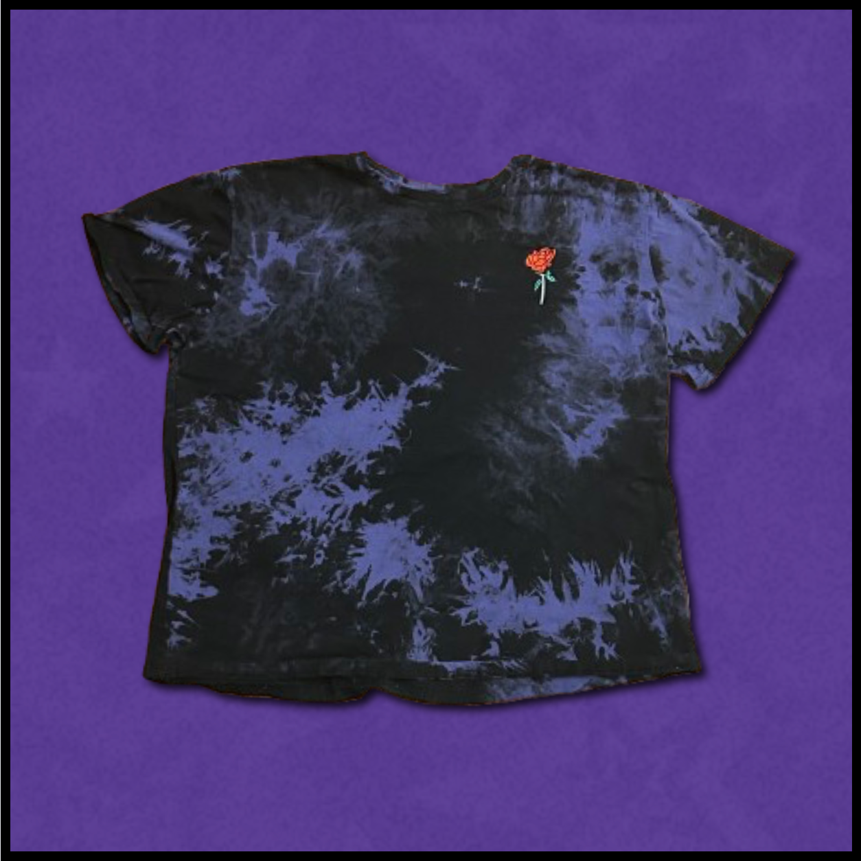 black + purple tie-dye style tee with rose embroidery