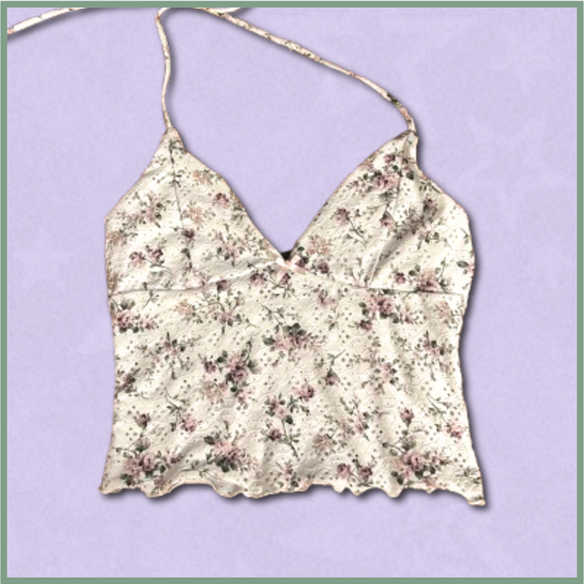 white + purple floral tie-up halter top