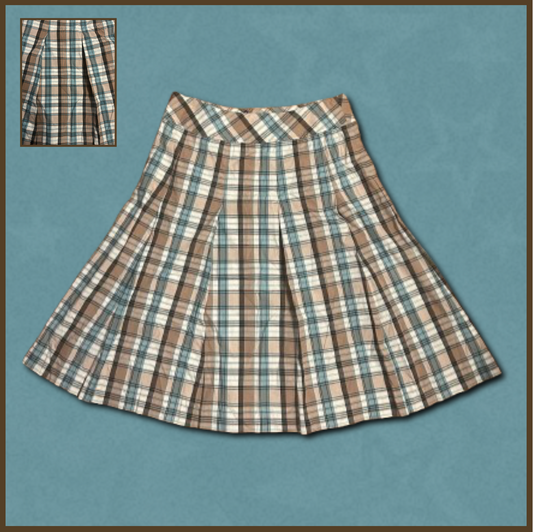brown/blue/white plaid pleated midi skirt
