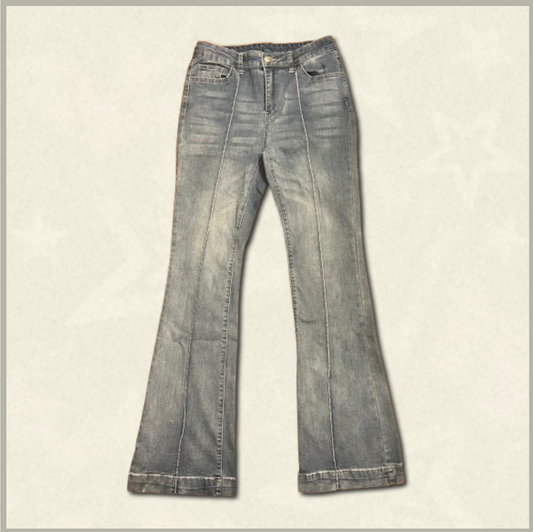 medium-wash jeans with pleats