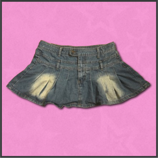 pleated denim mini skirt
