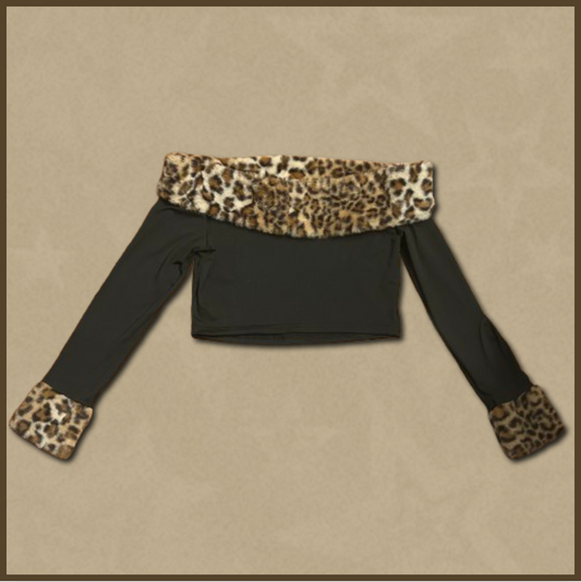 off-shoulder long-sleeve black shirt with cheetah print fur design