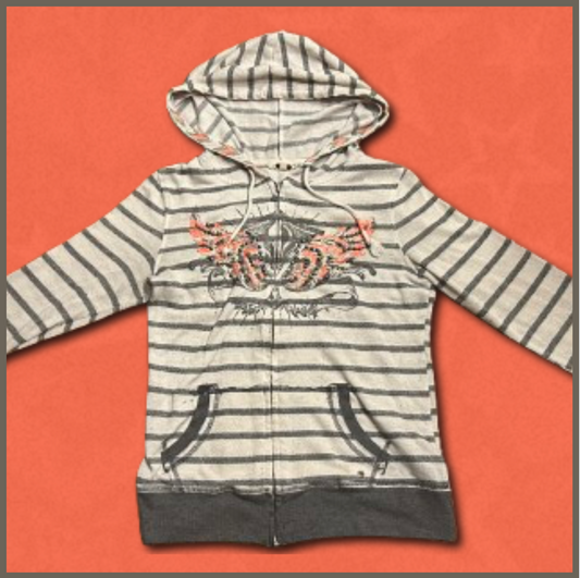 gray striped zip-up sweater with orangish-pink wing design