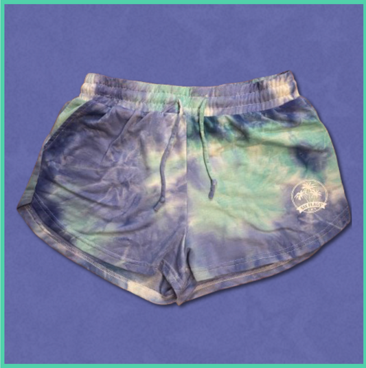 blue "six flags" tie-dye shorts