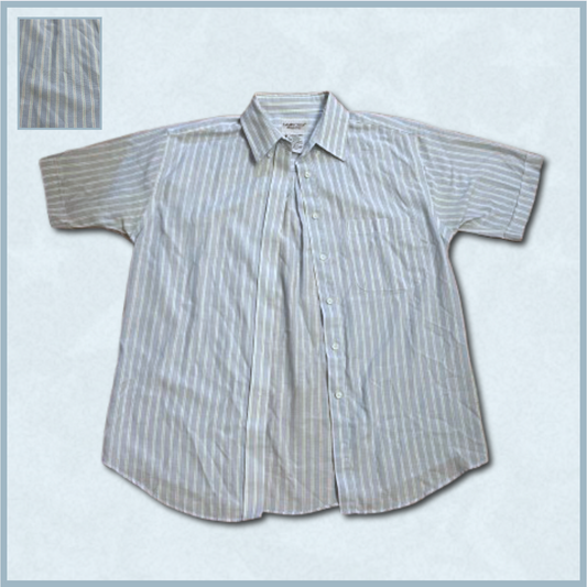 light blue striped button-up top