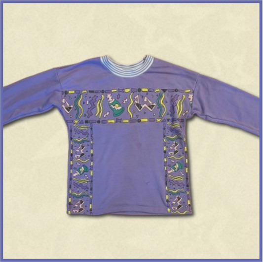 purple sweater with multicolored design