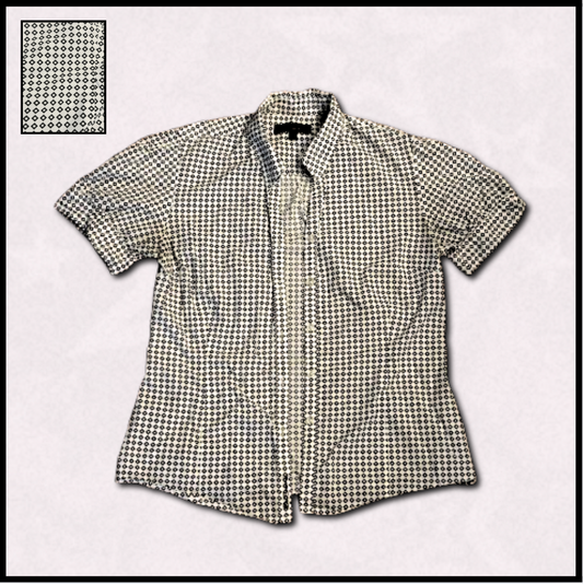 black an white patterned button-up