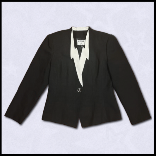 black + white blazer with gold-colored button