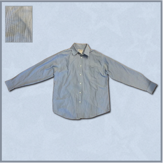 blue striped button-up top