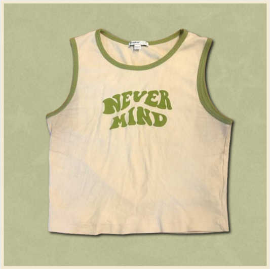 beige + green "never mind" top