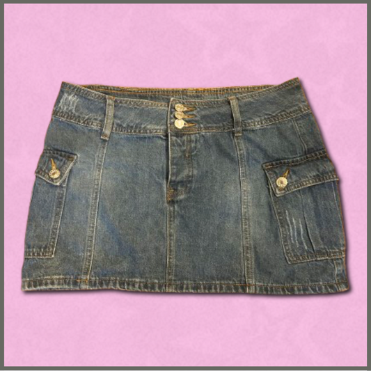 medium-wash mini jean skirt with larger pockets