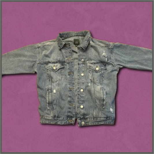 medium-wash heavy distressed denim jacket