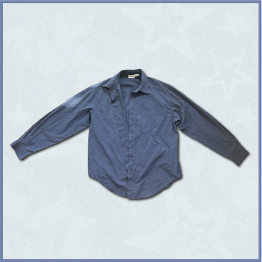 dark blue long-sleeve collared button-up