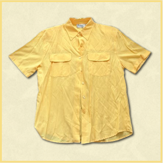 bright yellow short-sleeve button-up top