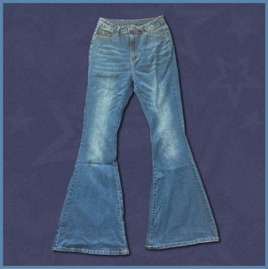 medium-wash flared jeans