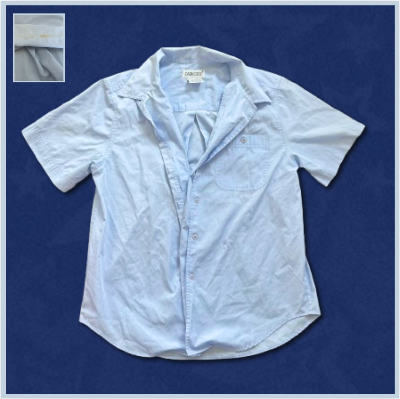 light blue short sleeve button-up top