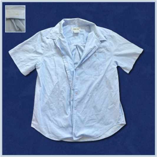 light blue short sleeve button-up top
