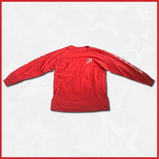 red long-sleeve "primitive" shirt with back design
