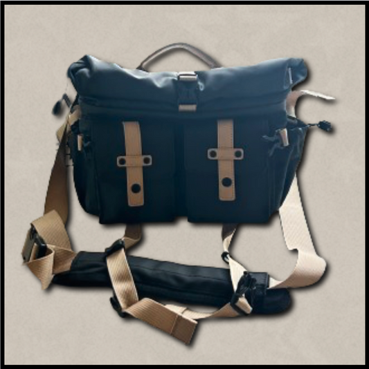 black multi-pocketed bag with beige strap