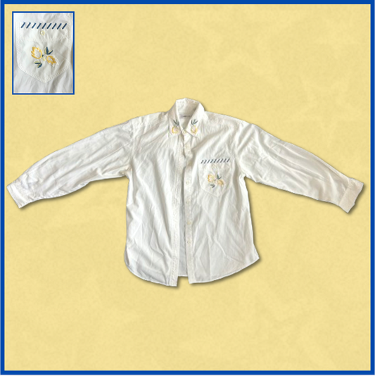 white button-up top with blue/yellow floral embroidery