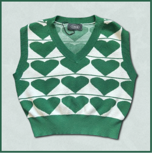 green + white cropped sweater vest with heart design