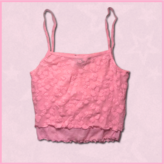 pink mesh cropped tank with floral/butterfly design