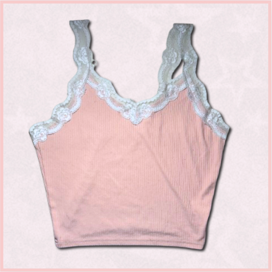 pink + white cropped tank with lace design