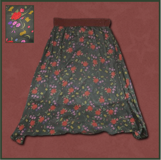 dark green midi skirt with multicolored floral design