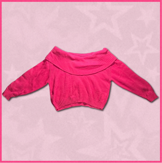 darker pink cropped sweater with off-shoulder design