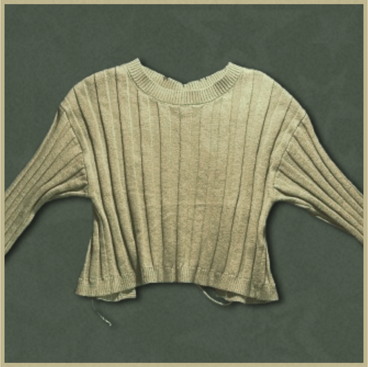 pale green ribbed sweater with open/tie-up back design