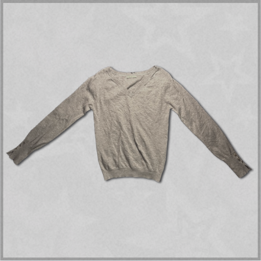 gray v-neck sweater with gold-buttoned sleeve design