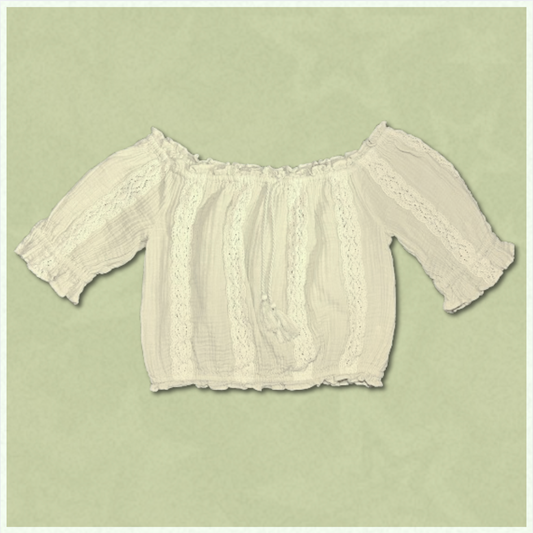 pale green off-shoulder top with fluffy drawstring design