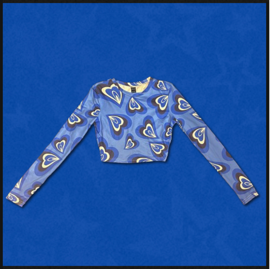 blue + black/white shirt with heart design