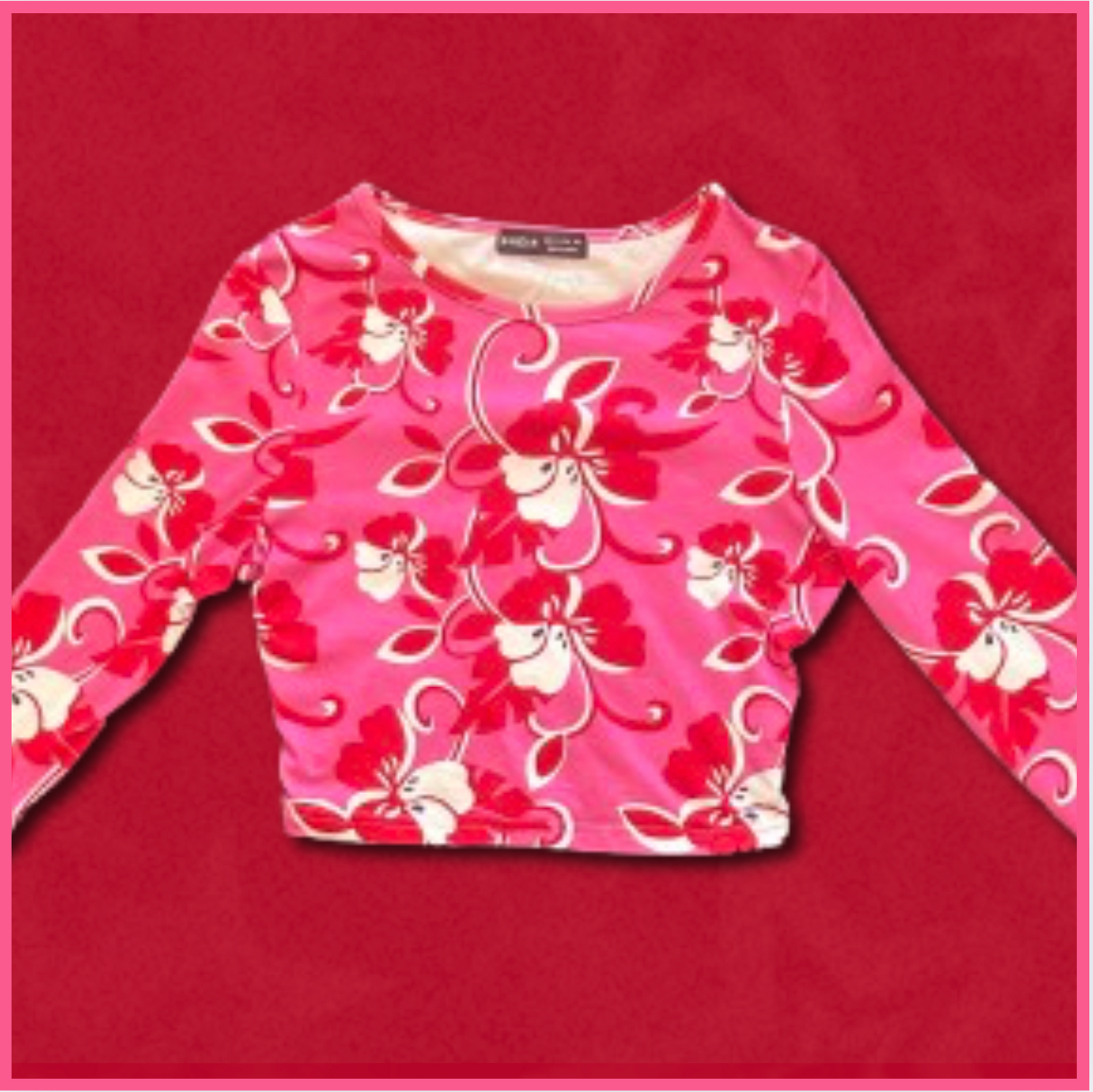 pink + red/white long-sleeve top with floral design